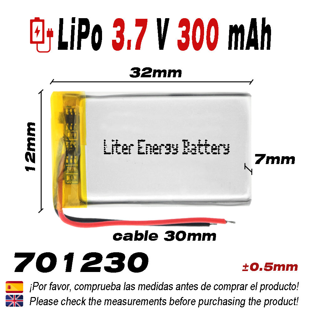 Batería 701230 LiPo 3.7V 300mAh 1.11Wh 1S 5C Liter Energy Battery para Electrónica Recargable teléfono portátil vídeo smartwatch reloj GPS - No apta para Radio Control 32x12x7mm (300mAh|701230)