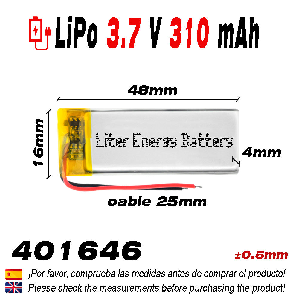 Batería 401646 LiPo 3.7V 310mAh 1.147Wh 1S 5C Liter Energy Battery para Electrónica Recargable teléfono portátil vídeo smartwatch reloj GPS - No apta para Radio Control 48x16x4mm (310mAh|401646)