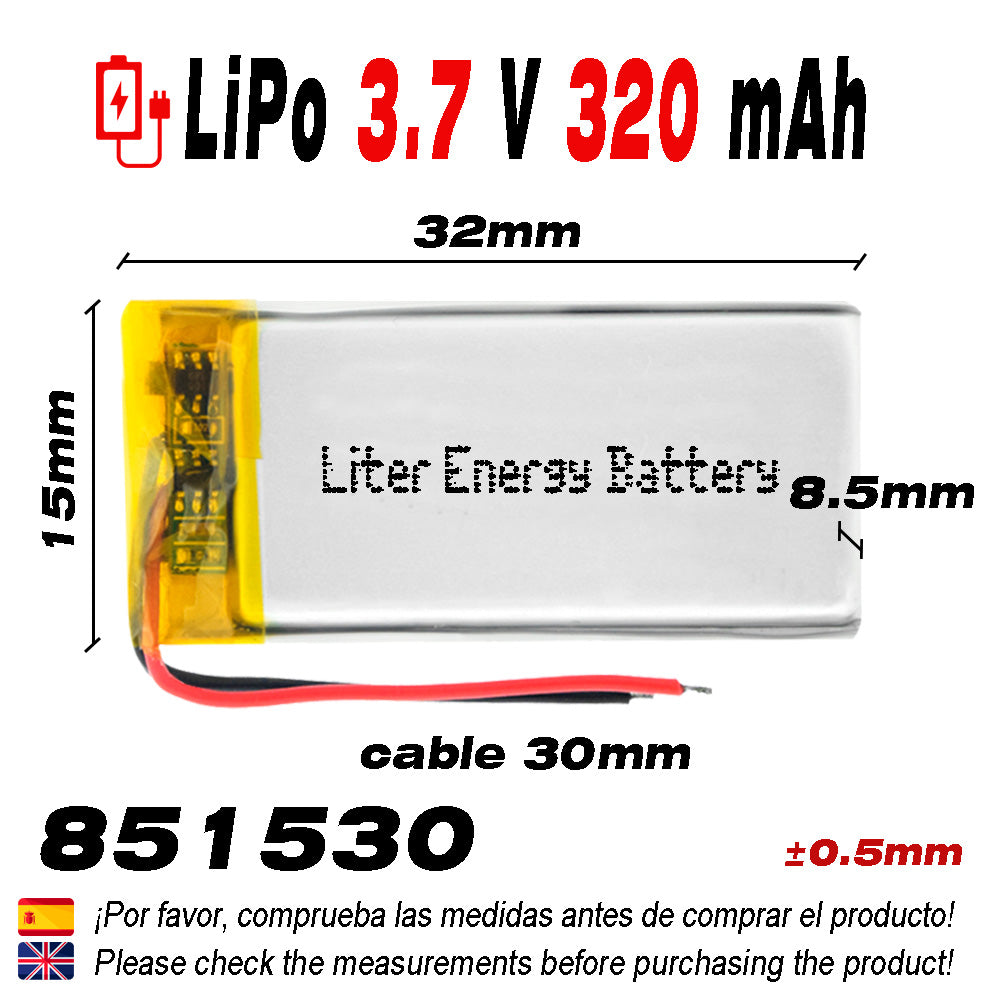 Batería 851530 LiPo 3.7V 320mAh 1.184Wh 1S 5C Liter Energy Battery para Electrónica Recargable teléfono portátil vídeo smartwatch reloj GPS - No Apta para Radio Control 32x15x8.5mm (320mAh|851530)