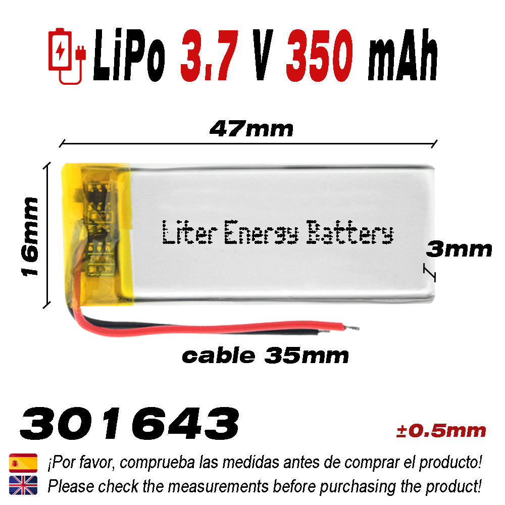 Batería 301643 LiPo 3.7V 350mAh 1.295Wh 1S 5C Liter Energy Battery para Electrónica Recargable teléfono portátil vídeo smartwatch reloj GPS - No Apta para Radio Control 45x16x3mm (350mAh|301643)