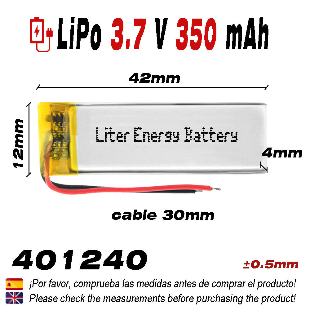 Batería 401240 LiPo 3.7V 350mAh 1.295Wh 1S 5C Liter Energy Battery para Electrónica Recargable teléfono portátil vídeo smartwatch Reloj GPS - No Apta para Radio Control 42x12x4mm (350mAh|401240)