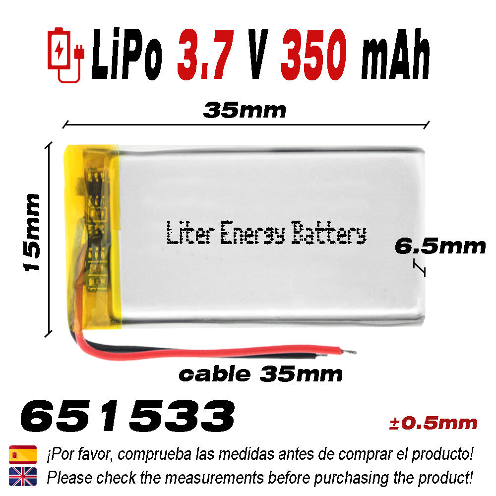 Batería 651533 LiPo 3.7V 350mAh 1.295Wh 1S 5C Liter Energy Battery para Electrónica Recargable teléfono portátil vídeo smartwatch reloj GPS - No Apta para Radio Control 35x15x6.5mm (350mAh|651533)