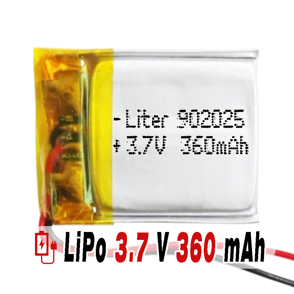 Batería 902025 LiPo 3.7V 360mAh 1.332Wh 1S 5C Liter Energy Battery para Electrónica Recargable teléfono portátil vídeo smartwatch reloj GPS - No Apta para Radio Control 27x20x9mm (360mAh|902025)