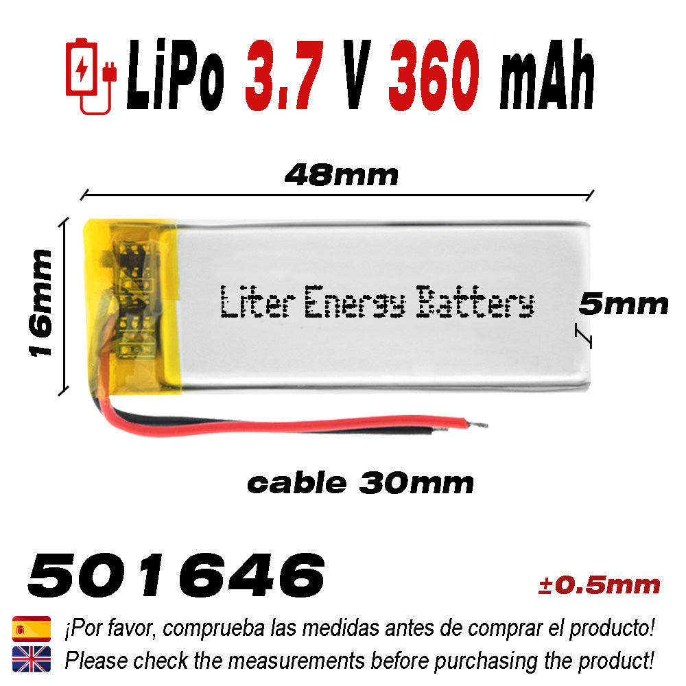 Batería 501646 LiPo 3.7V 360mAh 1.332Wh 1S 5C Liter Energy Battery para Electrónica Recargable teléfono portátil vídeo smartwatch reloj GPS - No Apta para Radio Control 48x16x5mm (360mAh|501646)