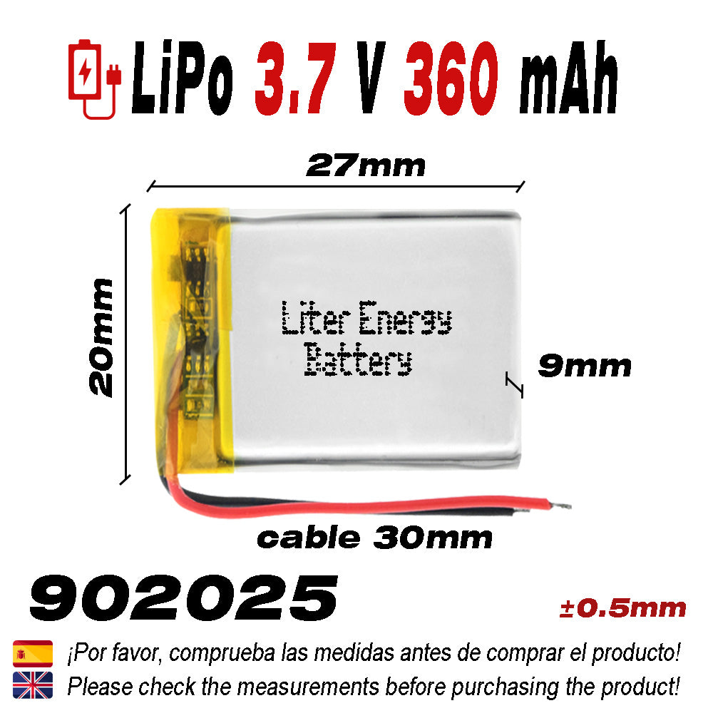 Batería 902025 LiPo 3.7V 360mAh 1.332Wh 1S 5C Liter Energy Battery para Electrónica Recargable teléfono portátil vídeo smartwatch reloj GPS - No Apta para Radio Control 27x20x9mm (360mAh|902025)