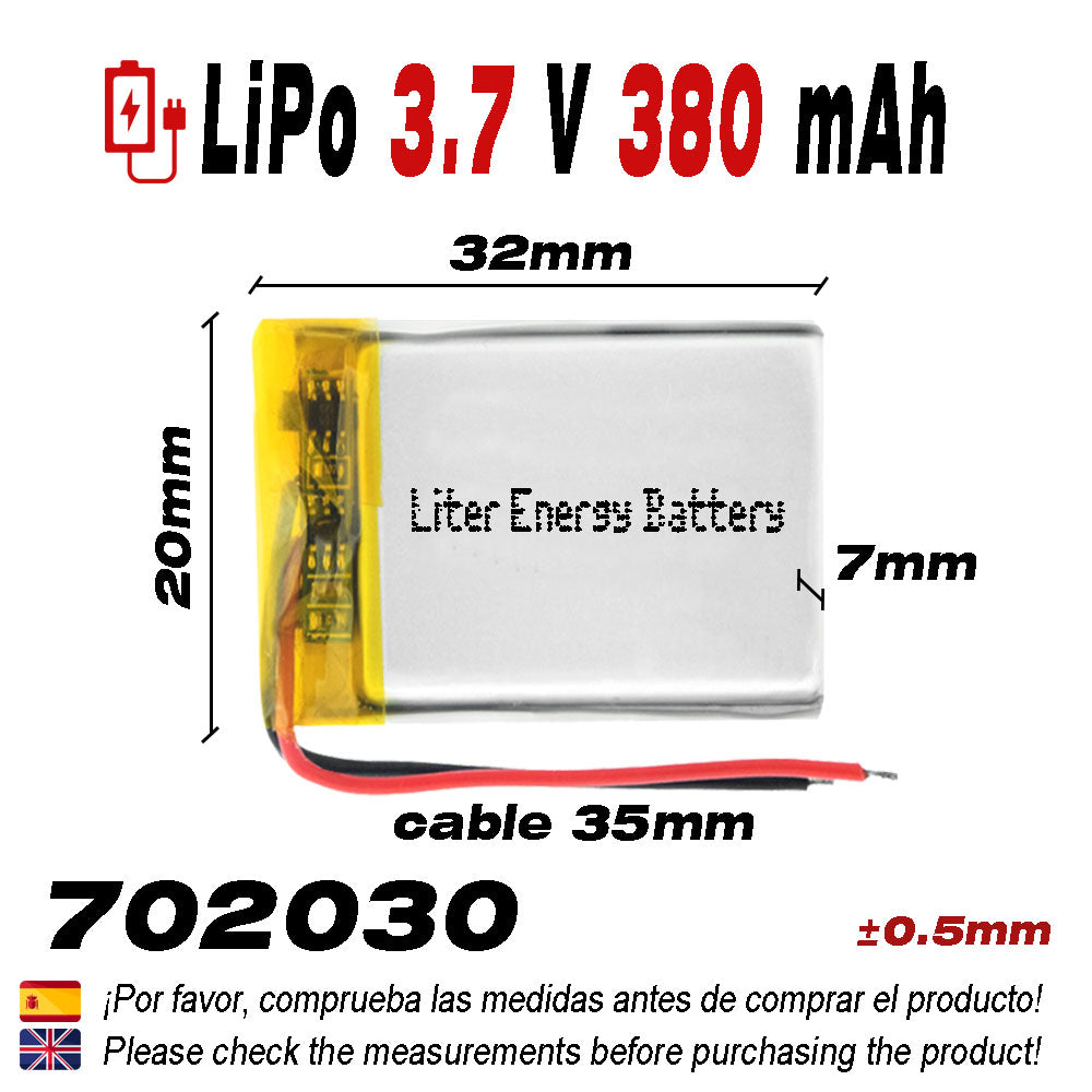 Batería 702030 LiPo 3.7V 380mAh 1.406Wh 1S 5C Liter Energy Battery para Electrónica Recargable teléfono portátil vídeo smartwatch Reloj GPS - No Apta para Radio Control 32x20x7mm (380mAh|702030)