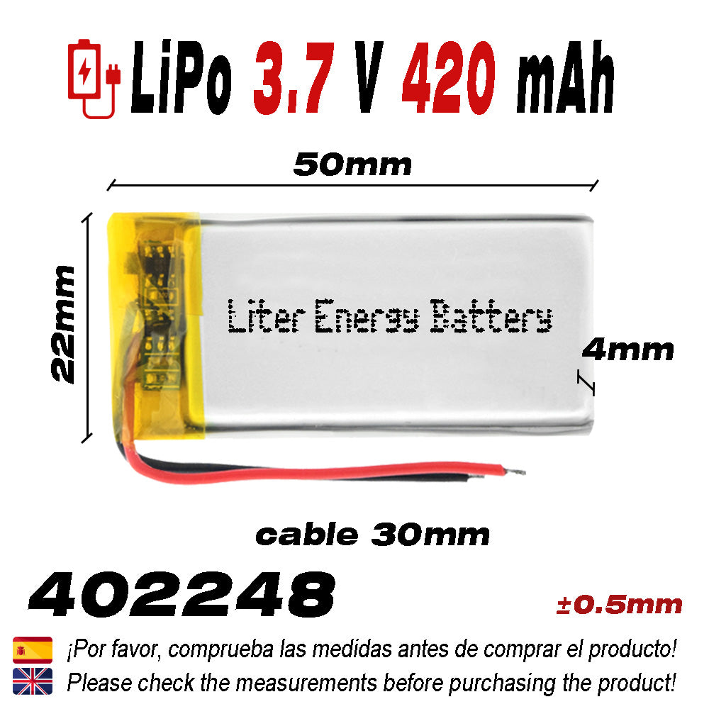 Batería 402248 LiPo 3.7V 420mAh 1.554Wh 1S 5C Liter Energy Battery para Electrónica Recargable teléfono portátil vídeo smartwatch reloj GPS - No apta para Radio Control 50x22x4mm (420mAh|402248)