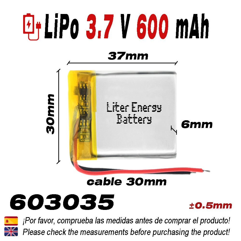 Batería 603035 LiPo 3.7V 600mAh 2.22Wh 1S 5C Liter Energy Battery para Electrónica Recargable teléfono portátil vídeo smartwatch reloj GPS - No apta para Radio Control 37x30x6mm (600mAh|603035)