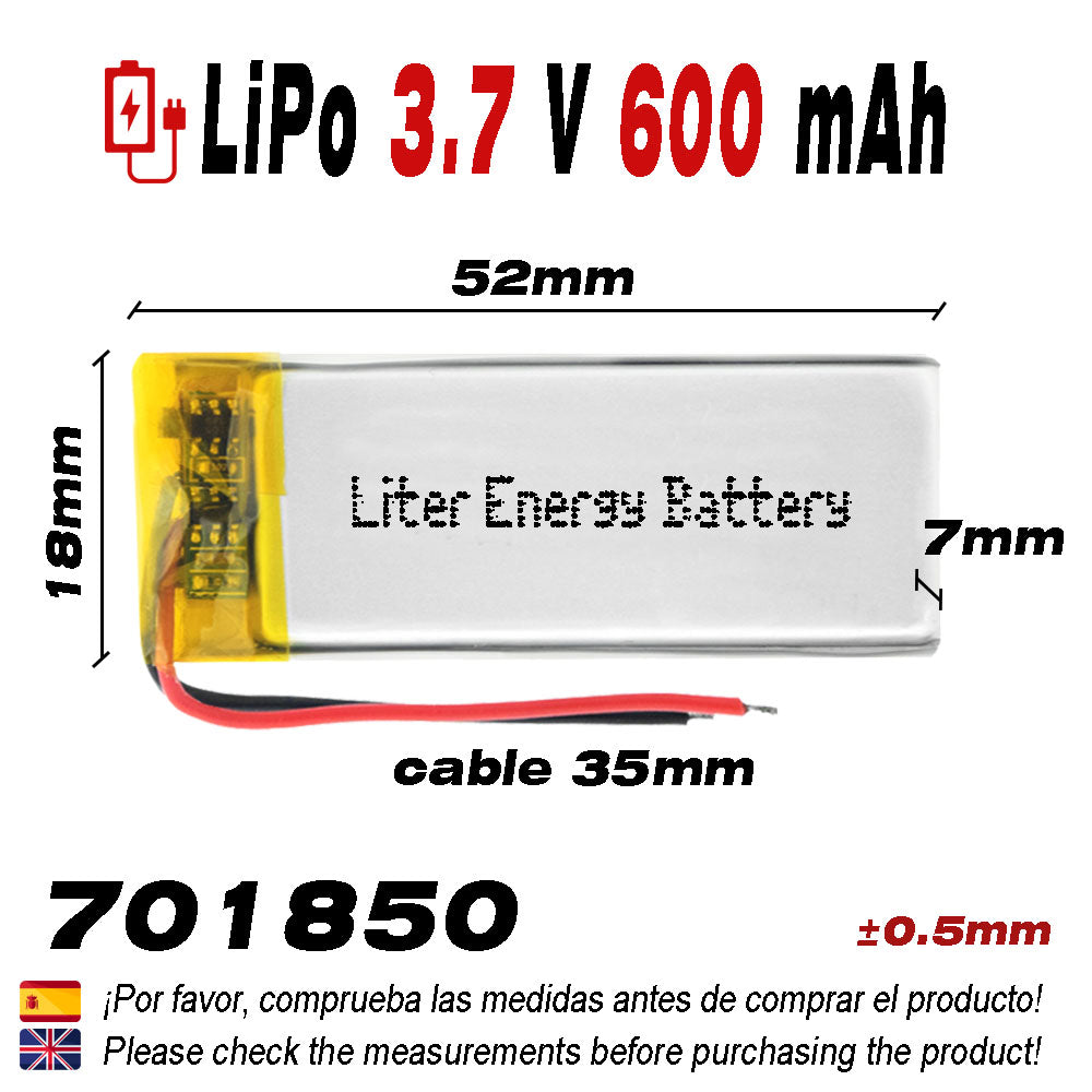 Batería 701850 LiPo 3.7V 600mAh 2.22Wh 1S 5C Liter Energy Battery para Electrónica Recargable teléfono portátil vídeo smartwatch reloj GPS - No apta para Radio Control 52x18x7mm (600mAh|701850)