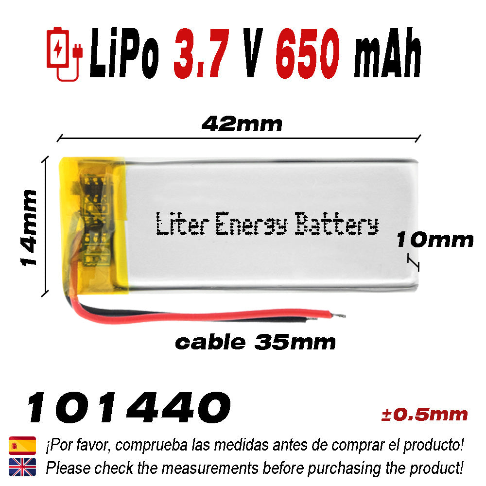 Batería 101440 LiPo 3.7V 650mAh 2.405Wh 1S 5C Liter Energy Battery para Electrónica Recargable teléfono portátil vídeo smartwatch reloj GPS - No apta para Radio Control 42x14x10mm (650mAh|101440)