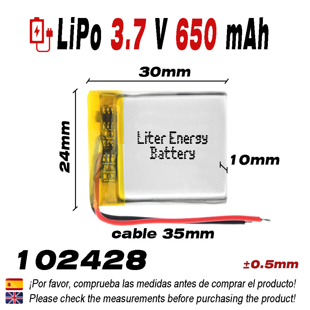 Batería 102428 LiPo 3.7V 650mAh 2.405Wh 1S 5C Liter Energy Battery para Electrónica Recargable teléfono portátil vídeo smartwatch reloj GPS - No apta para Radio Control 30x24x10mm (650mAh|102428)