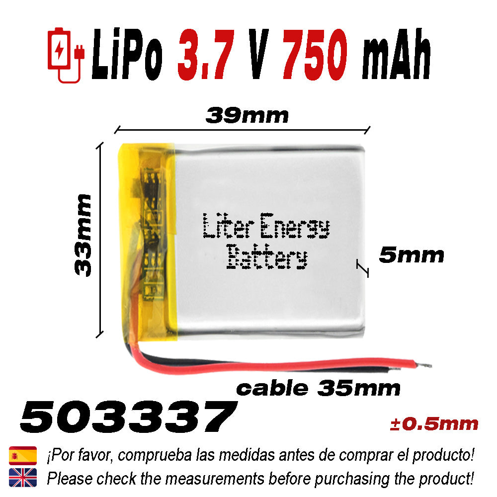 Batería 503337 LiPo 3.7V 750mAh 2.775Wh 1S 5C Liter Energy Battery para Electrónica Recargable teléfono portátil vídeo smartwatch reloj GPS - No apta para Radio Control 39x33x5mm (750mAh|503337)