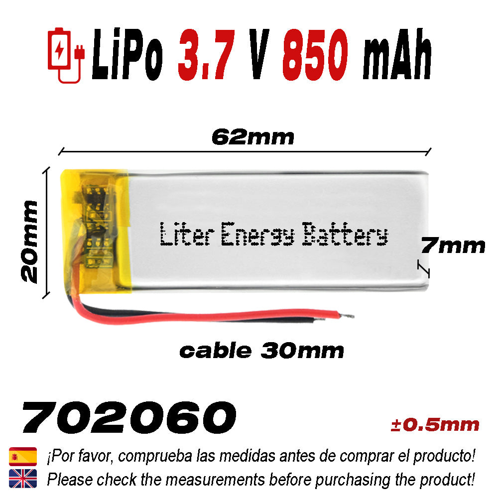 Batería 702060 LiPo 3.7V 850mAh 3.145Wh 1S 5C Liter Energy Battery para Electrónica Recargable teléfono portátil vídeo smartwatch reloj GPS - No apta para Radio Control 62x20x7mm (850mAh|702060)