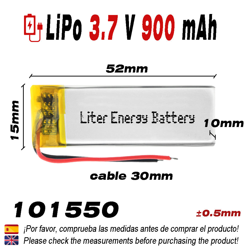 Batería 101550 LiPo 3.7V 900mAh 3.33Wh 1S 5C Liter Energy Battery para Electrónica Recargable teléfono portátil vídeo smartwatch reloj GPS - No apta para Radio Control 52x15x10mm (900mAh|101550)