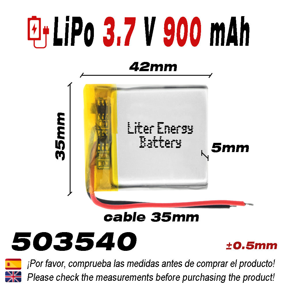 Batería 503540 LiPo 3.7V 900mAh 3.33Wh 1S 5C Liter Energy Battery para Electrónica Recargable teléfono portátil vídeo smartwatch reloj GPS - No apta para Radio Control 42x35x5mm (900mAh|503540)