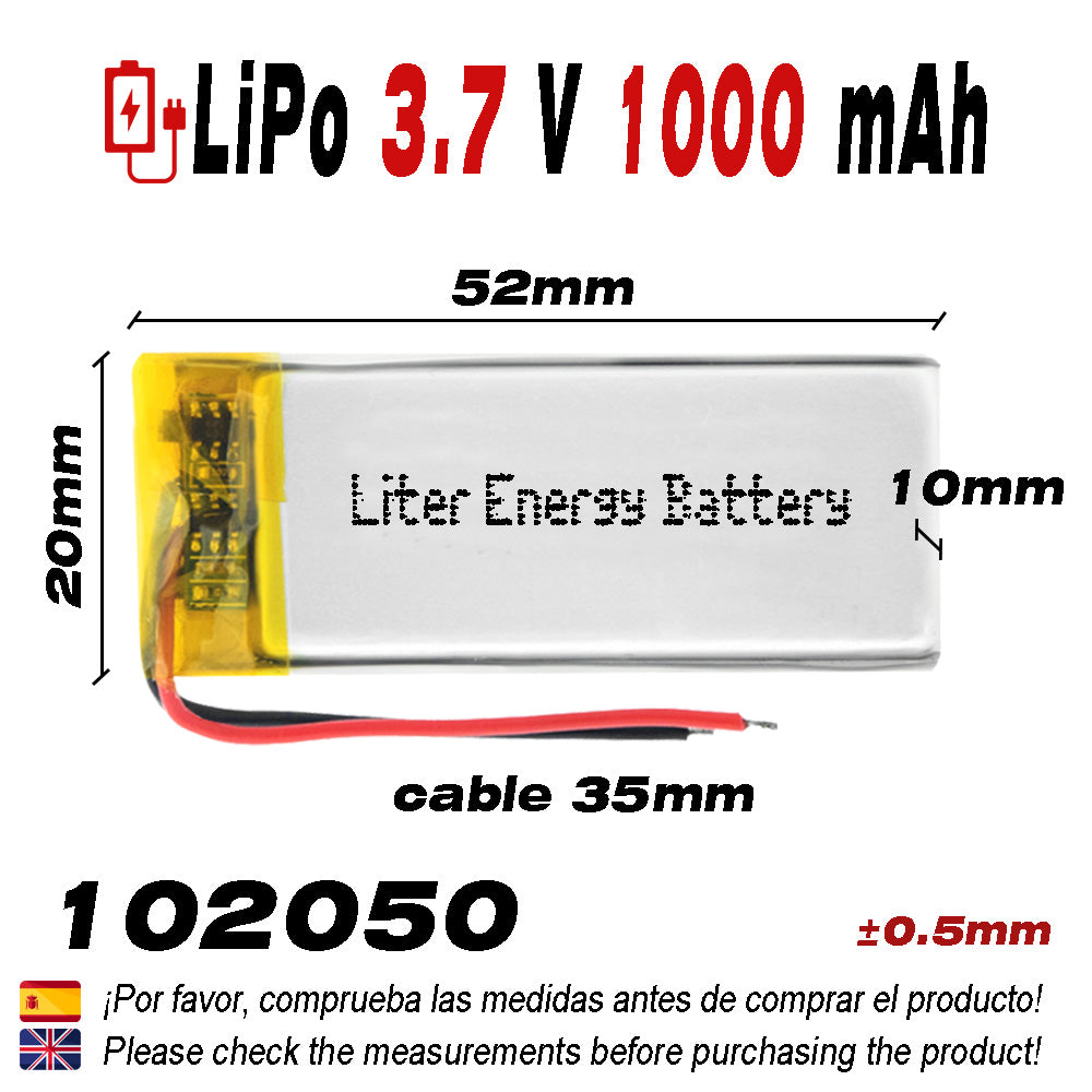 Batería 102050 LiPo 3.7V 1000mAh 3.7Wh 1S 5C Liter Energy Battery para Electrónica Recargable teléfono portátil vídeo smartwatch reloj GPS - No apta para Radio Control 52x20x10mm (1000mAh|102050)