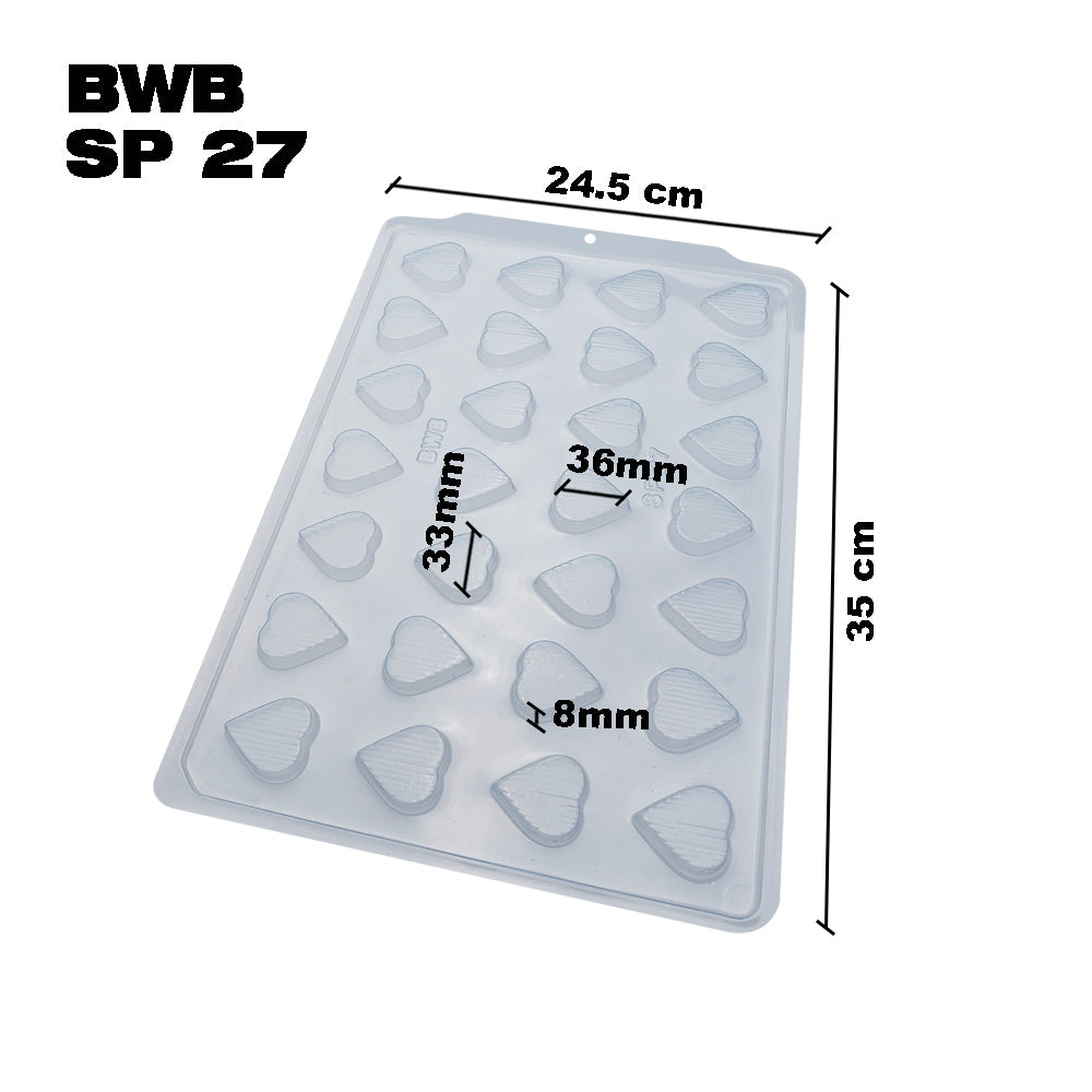 BWB SP 27 Molde Semiprofesional Corazón rayado Trufas y bombones para chocolate caliente Forma Simple 28 Cavidades 8g Plástico PET Transparente Tridimensional Accesorios y utensilios
