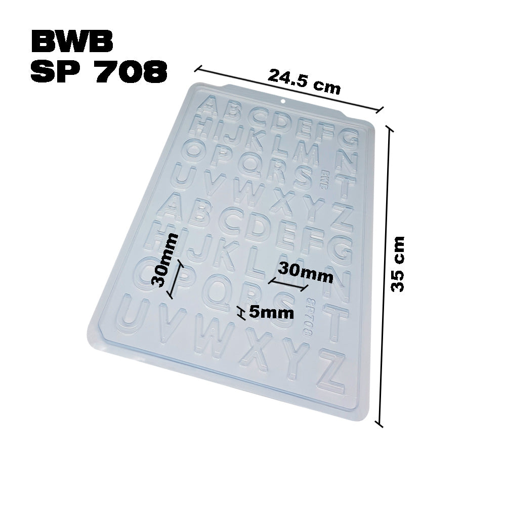 BWB SP 708 Molde Semiprofesional Abecedario Trufas y bombones para chocolate caliente Forma Simple 52 Cavidades 5g Plástico PET Transparente Tridimensional Accesorios y utensilios reposteria