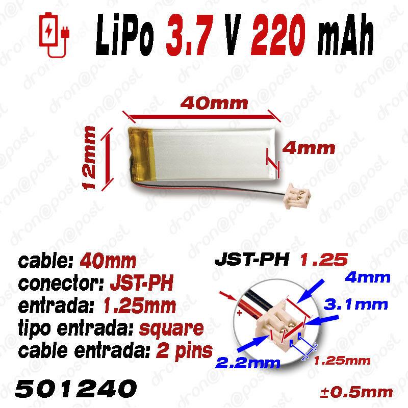 BATERIA 501240 LiPo 3.7V 220mAh Conector JST-PH 1.25mm 2 Pins mp4 GPS bluetooth