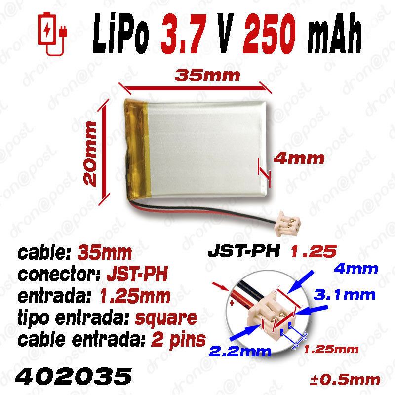 BATERIA 402035 LiPo 3.7V 250mAh Conector JST-PH 1.25mm 2 Pins mp4 GPS bluetooth