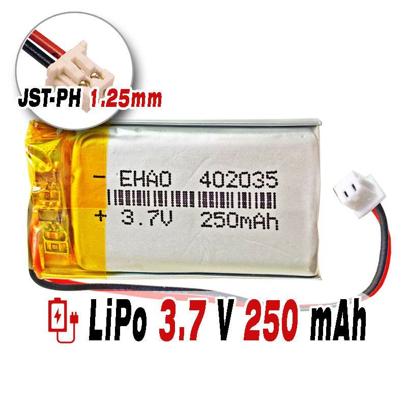 BATERIA 402035 LiPo 3.7V 250mAh Conector JST-PH 1.25mm 2 Pins mp4 GPS bluetooth