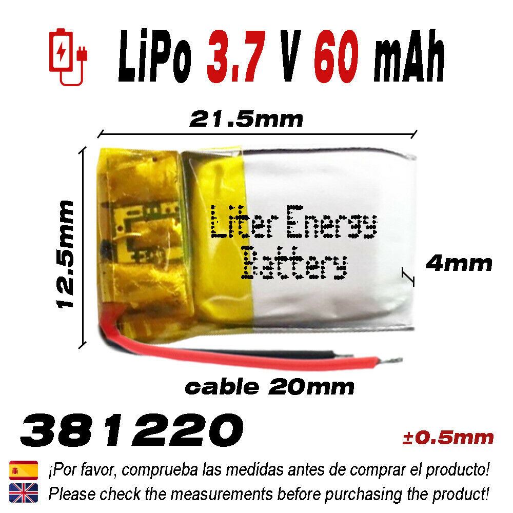 Batería 381220 LiPo 3.7V 60mAh 0.222Wh 1S 5C Liter Energy Battery para Electrónica Recargable teléfono portátil vídeo smartwatch reloj GPS - No apta para Radio Control 22x12x4mm (60mAh|381220)