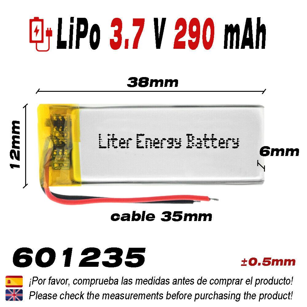 BATERÍA 601235 LiPo 3.7V 290mAh 1S teléfono portátil vídeo mp3 mp4 luz led gps