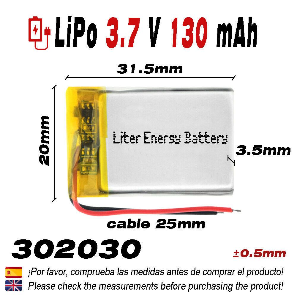 Batería 302030 LiPo 3.7V 130mAh 0.481Wh 1S 5C Liter Energy Battery para Electrónica Recargable teléfono portátil vídeo smartwatch reloj GPS - No apta para Radio Control 32x30x4mm (130mAh|302030)
