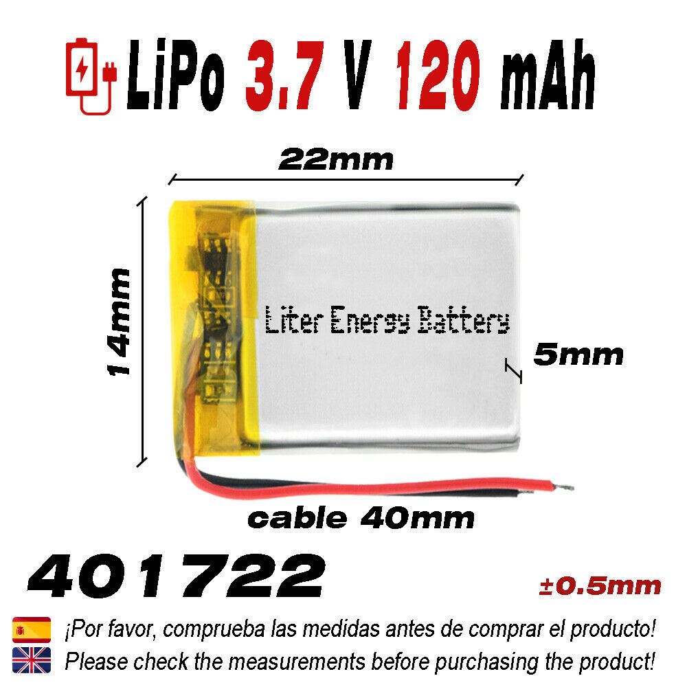 Batería 401722 LiPo 3.7V 120mAh 0.444Wh 1S 5C Liter Energy Battery para Electrónica Recargable teléfono portátil vídeo smartwatch reloj GPS - No apta para Radio Control 24x17x4mm (120mAh|401722)