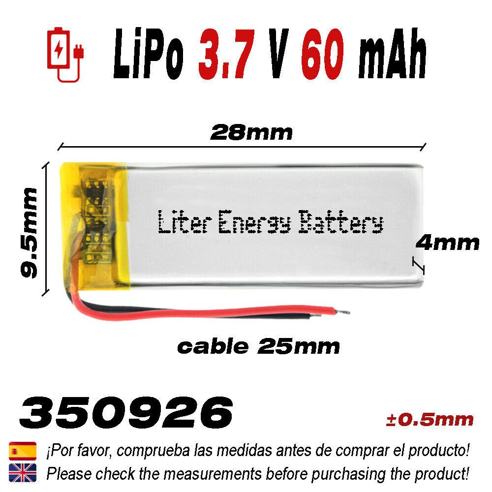 Batería 350926 LiPo 3.7V 60mAh 0.222Wh 1S 5C Liter Energy Battery para Electrónica Recargable teléfono portátil vídeo smartwatch reloj GPS - No apta para Radio Control 28x9x4mm (60mAh|350926)