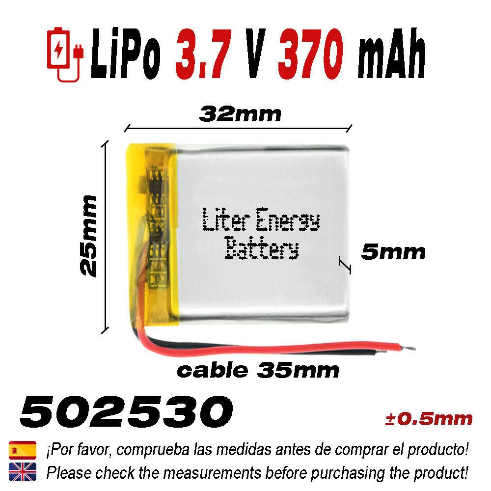 Batería 502530 LiPo 3.7V 370mAh 1.369Wh 1S 5C Liter Energy Battery para Electrónica Recargable teléfono portátil vídeo smartwatch reloj GPS - No apta para Radio Control 32x25x5mm (370mAh|502530)