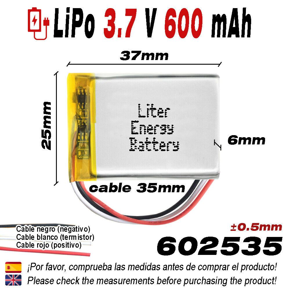 BATERÍA 602535 3.7V 600mAh LiPo 3 Cables 1S teléfono bluetooth e-book vídeo gps
