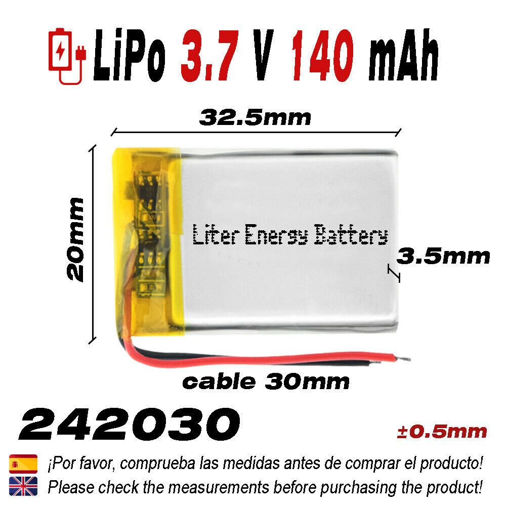 Batería 242030 LiPo 3.7V 140mAh 0.518Wh 1S 5C Liter Energy Battery para Electrónica Recargable teléfono portátil vídeo smartwatch reloj GPS - No apta para Radio Control 32x20x4mm (140mAh|242030)