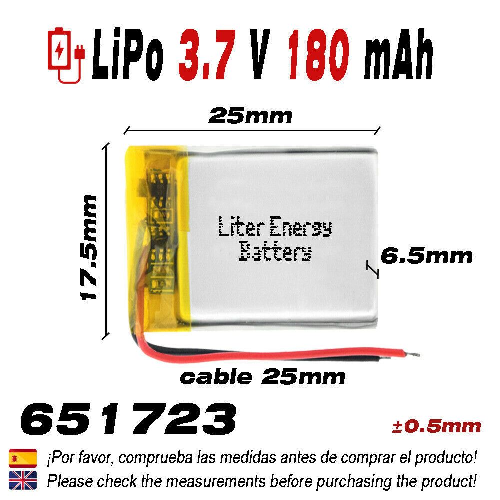 Batería 651723 LiPo 3.7V 180mAh 0.666Wh 1S 5C Liter Energy Battery para Electrónica Recargable teléfono portátil vídeo smartwatch reloj GPS - No apta para Radio Control 25x17x7mm (180mAh|651723)