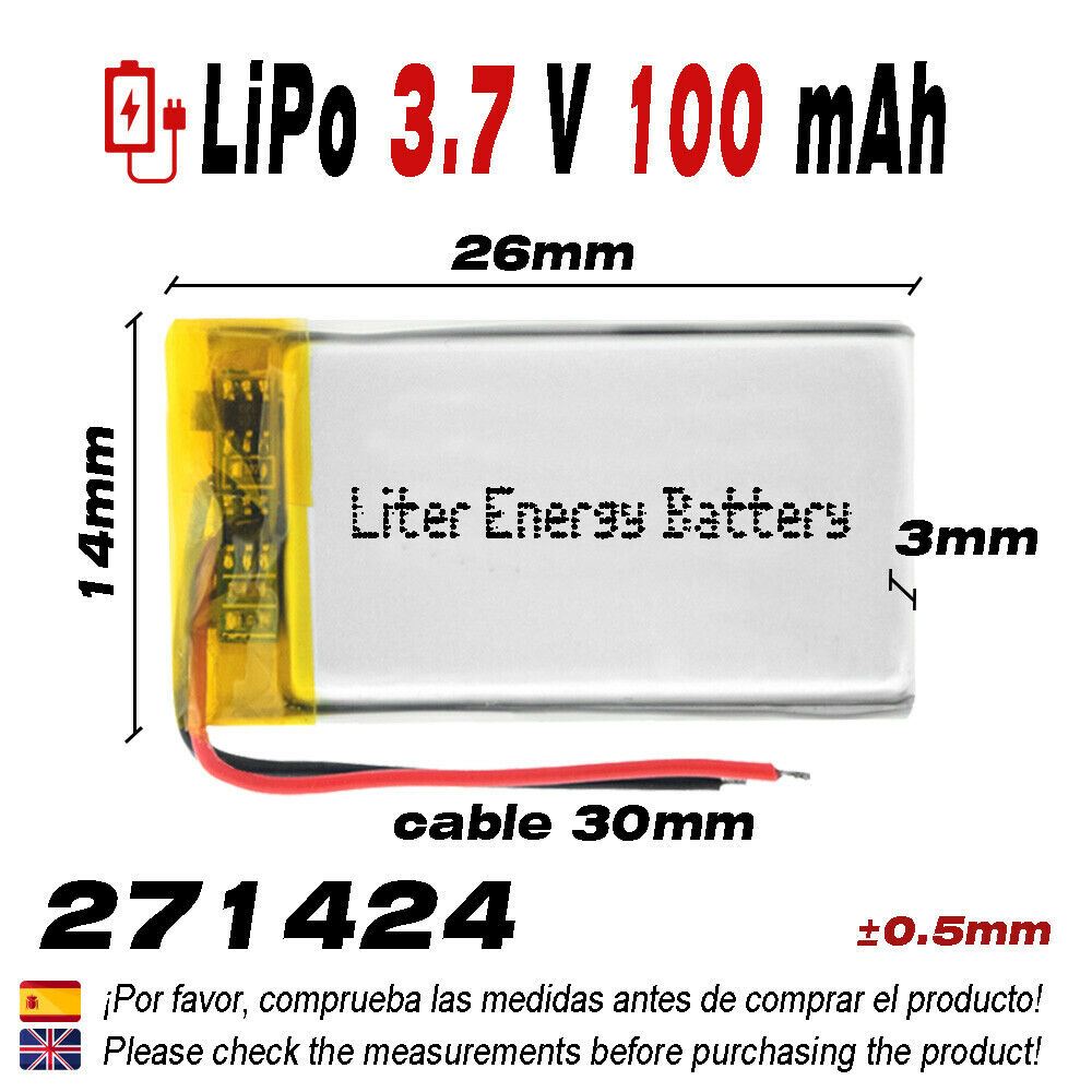 Batería 271424 LiPo 3.7V 100mAh 0.37Wh 1S 5C Liter Energy Battery para Electrónica Recargable teléfono portátil vídeo smartwatch reloj GPS - No apta para Radio Control 26x14x3mm (100mAh|271424)