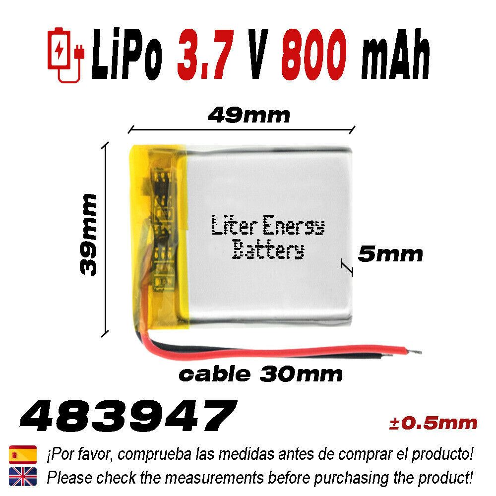 BATERÍA 483947 LiPo 3.7V 800mAh 1S teléfono portátil vídeo mp3 mp4 luz led gps