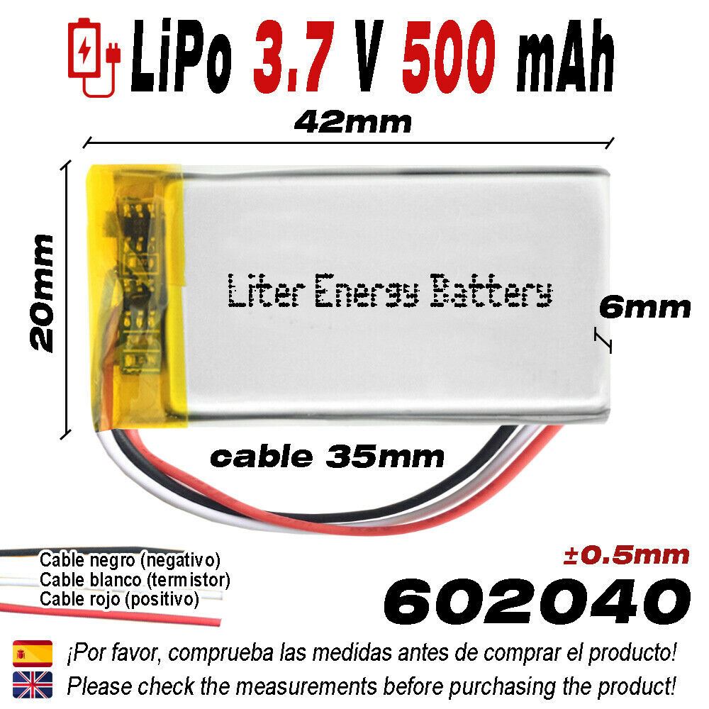 BATERÍA 602040 3.7V 500mAh LiPo 3 Cables 1S Recargable teléfono bluetooth ebook
