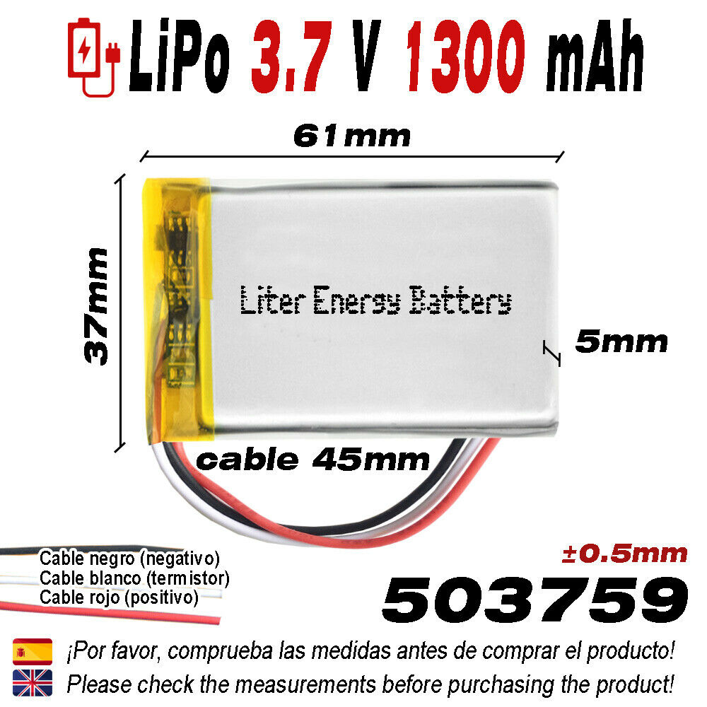 BATERÍA 503759 3.7V 1300mAh LiPo 3 Cables 1S teléfono bluetooth e-book vídeo gps