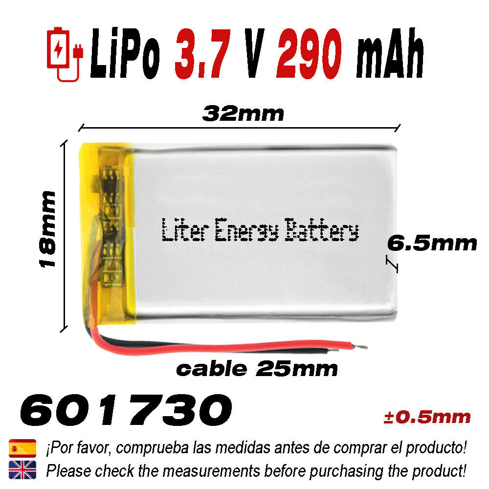 Batería 601730 LiPo 3.7V 290mAh 1.073Wh 1S 5C Liter Energy Battery para Electrónica Recargable teléfono portátil vídeo smartwatch reloj GPS - No apta para Radio Control 32x17x6mm (290mAh|601730)