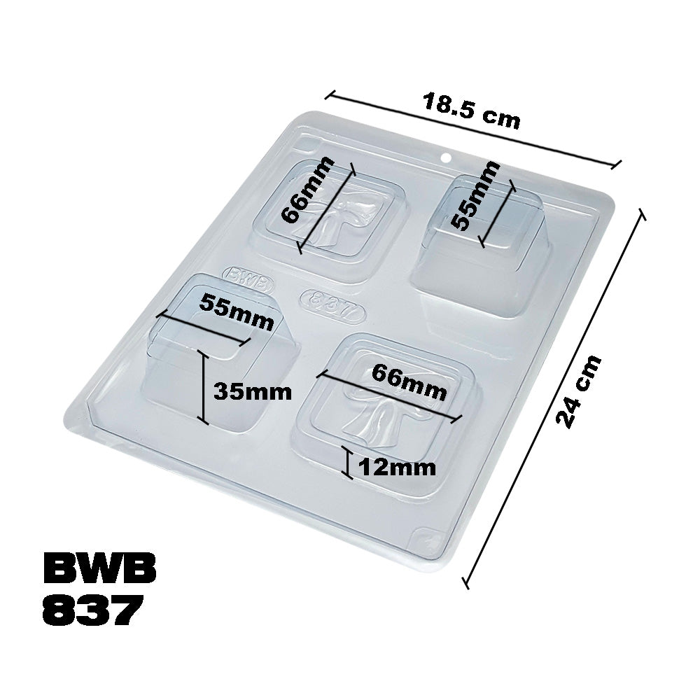 BWB 837 Molde Especial 3 partes Dia de la madre Mini caja lazo Forma con silicona para chocolate caliente de 4 Cavidades 45-90g Plástico PET Tridimensional Accesorios y utensilios