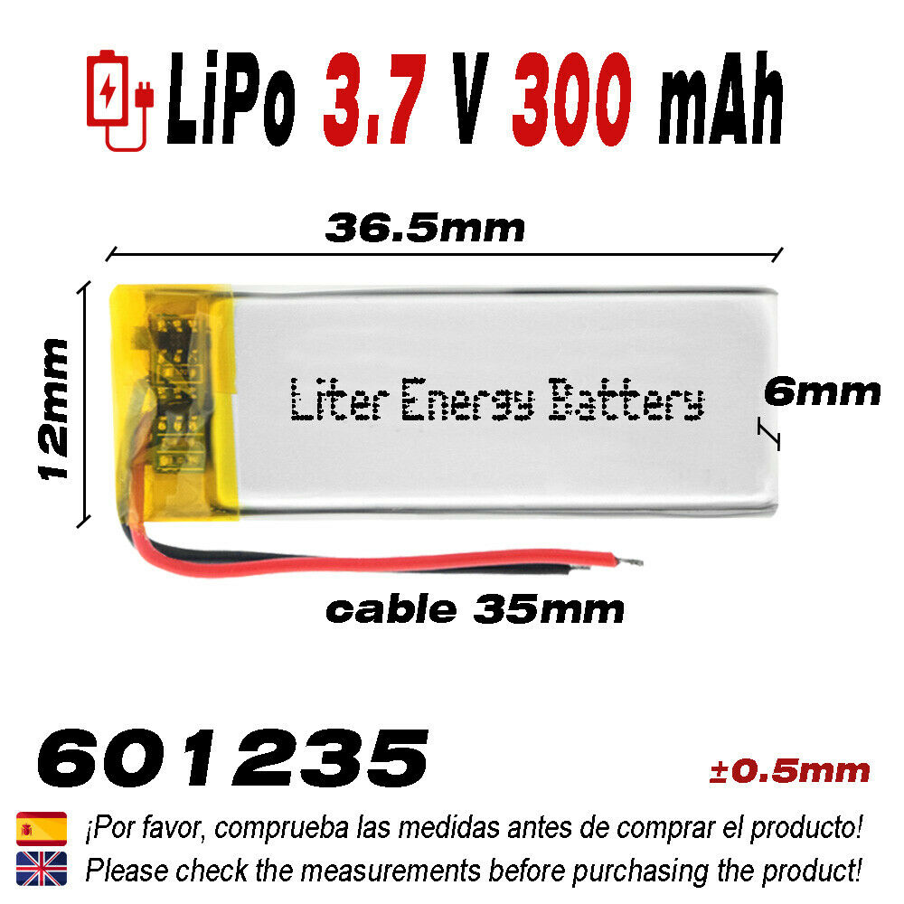 BATERÍA 601235 LiPo 3.7V 300mAh 1S teléfono portátil vídeo mp3 mp4 luz led gps