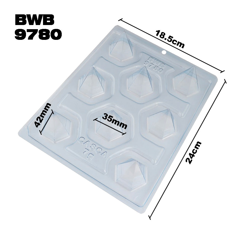 BWB 9780 Molde Pirámide hexagonal Especial 3 partes Forma con silicona para chocolate caliente de 8 Cavidades 7-20g Plástico PET Tridimensional Accesorios y utensilios de reposteria
