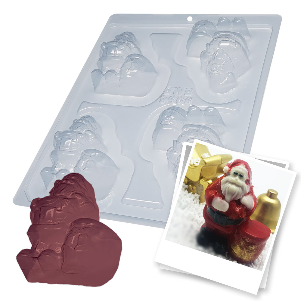 BWB 9666 Molde Navidad Papá Noel Especial 3 partes Forma con silicona para chocolate caliente de 4 Cavidades 23-75g de Plástico PET Tridimensional Accesorios y utensilios de reposteria