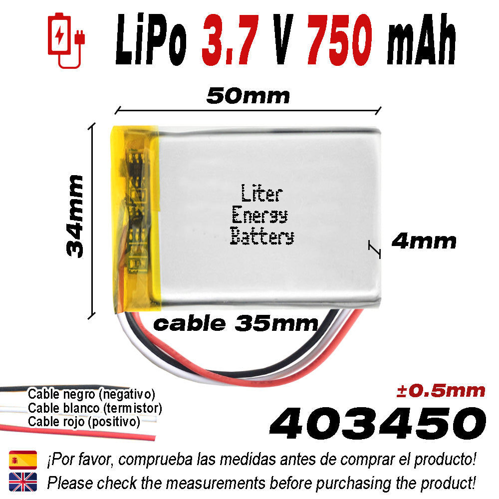 BATERÍA 403450 3.7V 750mAh LiPo 3 Cables 1S Recargable teléfono bluetooth e-book