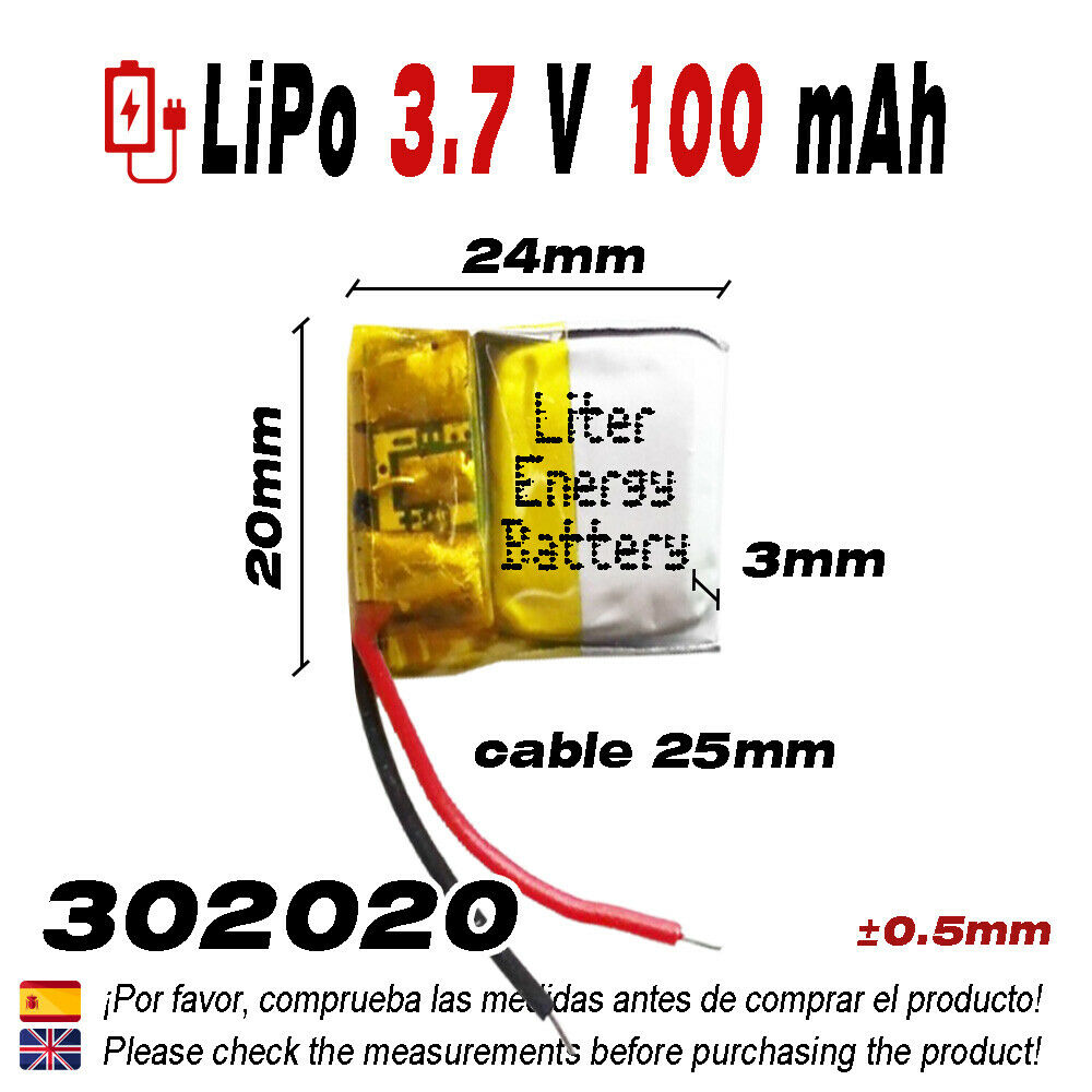 Batería 302020 LiPo 3.7V 100mAh 0.37Wh 1S 5C Liter Energy Battery para Electrónica Recargable teléfono portátil vídeo smartwatch reloj GPS - No apta para Radio Control 22x20x3mm (100mAh|302020)