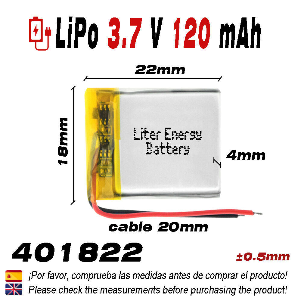 Batería 401822 LiPo 3.7V 120mAh 0.444Wh 1S 5C Liter Energy Battery para Electrónica Recargable teléfono portátil vídeo smartwatch reloj GPS - No apta para Radio Control 24x18x4mm (120mAh|401822)