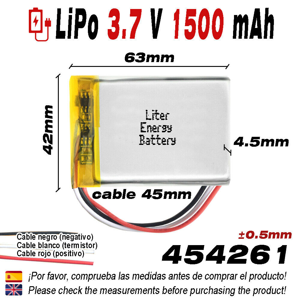BATERÍA 454261 3.7V 1500mAh LiPo 3 Cables 1S teléfono bluetooth e-book vídeo gps