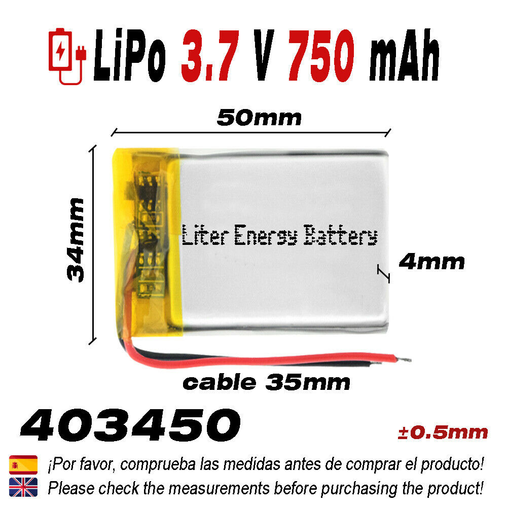 BATERÍA 403450 LiPo 3.7V 750mAh 1S teléfono portátil vídeo mp3 mp4 luz led gps