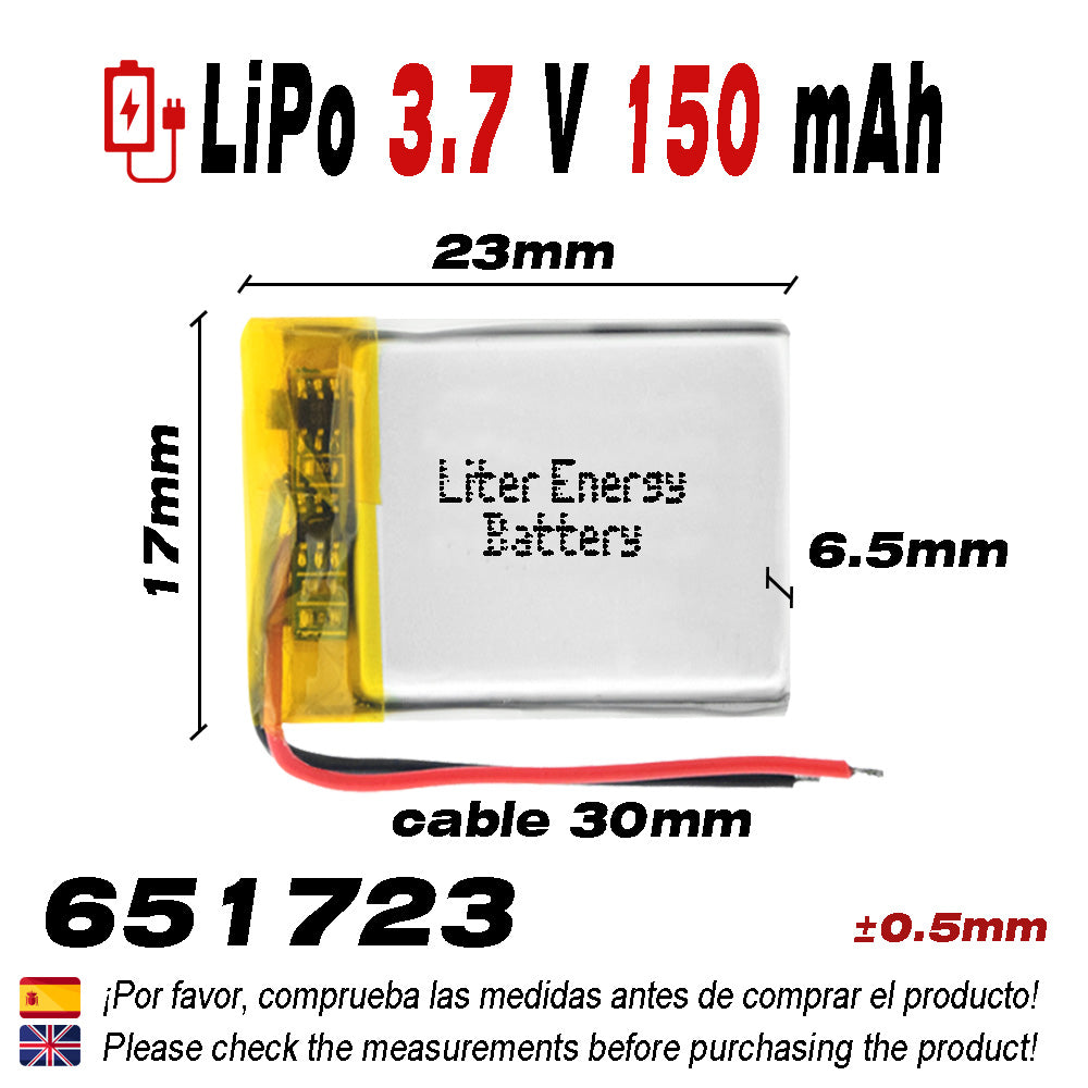 BATERÍA 651723 LiPo 3.7V 150mAh 1S 0.555Wh Polímero Litio Recargable Electrónica