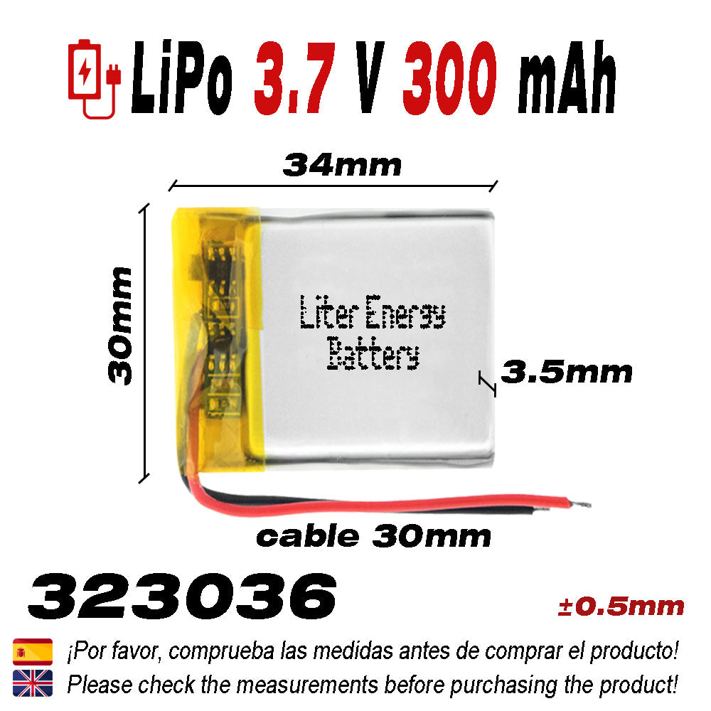 Batería 323036 LiPo 3.7V 300mAh 1.11Wh 1S 5C Liter Energy Battery para Electrónica Recargable teléfono portátil vídeo smartwatch reloj GPS - No apta para Radio Control 36x30x4mm (300mAh|323036)